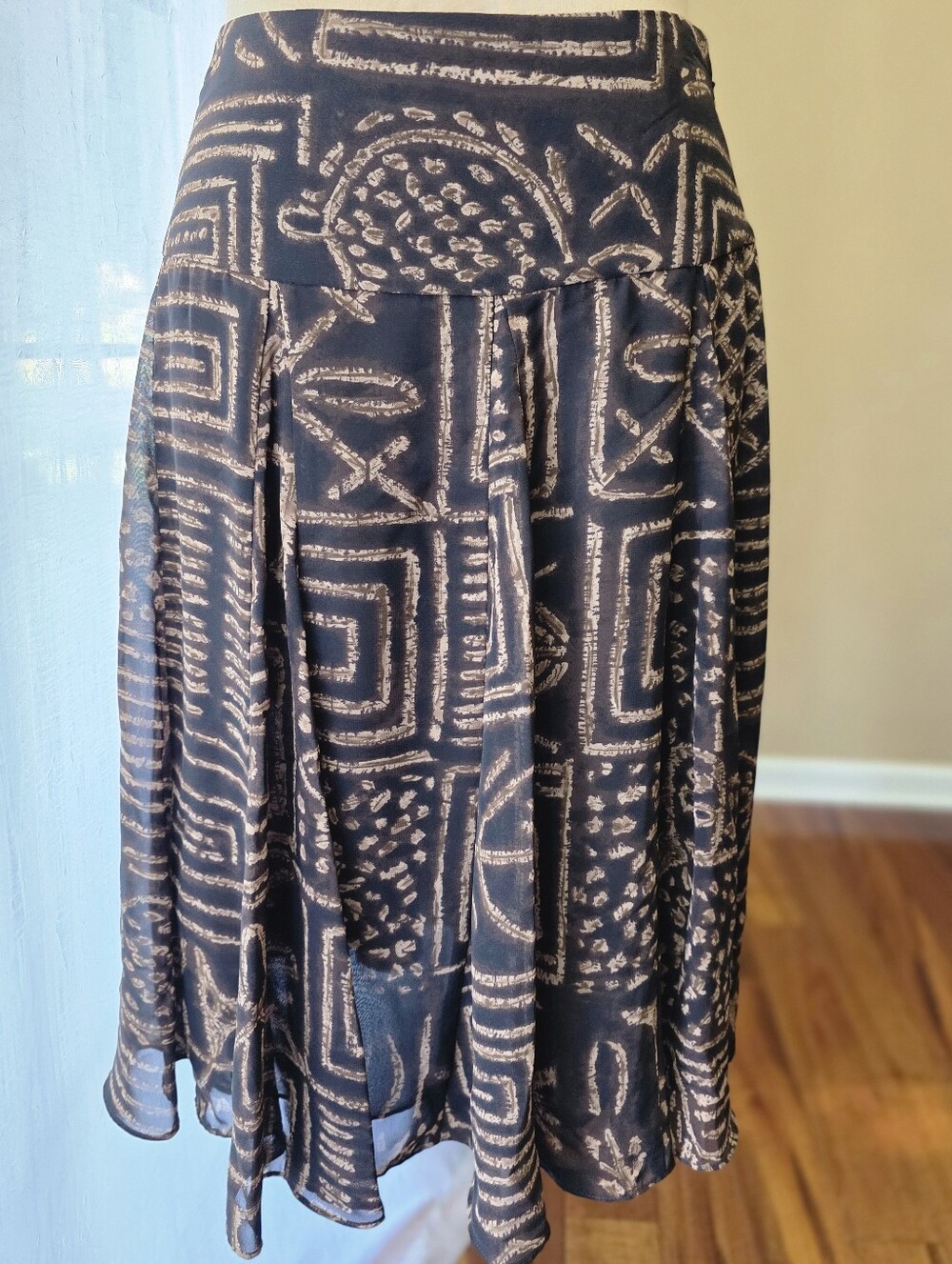 Chaps Abstract Tribal Print Godet Midi Skirt Size 6 Brown Black Y2K Boho Flowy